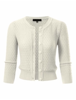 Women's Button Down 3/4 Sleeve Cropped Knit Cardigan Crochet Sweater (S-3XL)