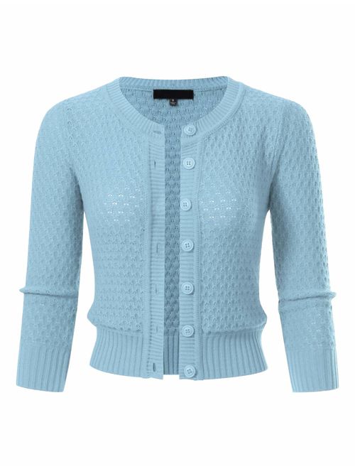 Women's Button Down 3/4 Sleeve Cropped Knit Cardigan Crochet Sweater (S-3XL)