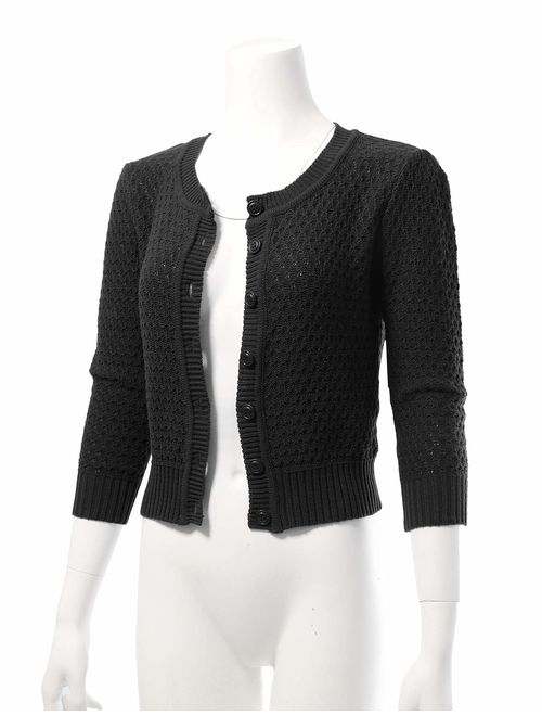 Women's Button Down 3/4 Sleeve Cropped Knit Cardigan Crochet Sweater (S-3XL)