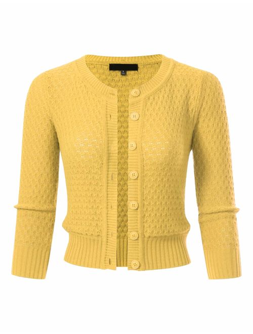 Women's Button Down 3/4 Sleeve Cropped Knit Cardigan Crochet Sweater (S-3XL)