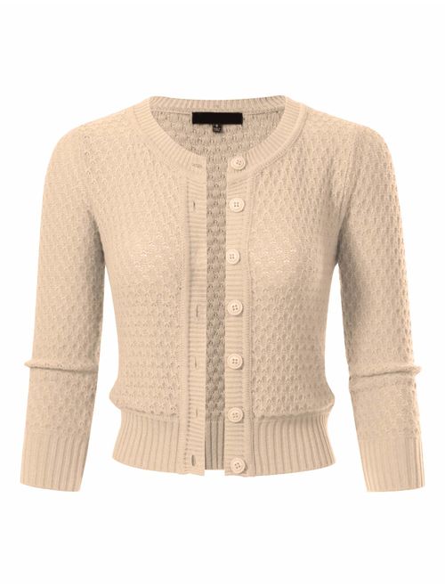 Women's Button Down 3/4 Sleeve Cropped Knit Cardigan Crochet Sweater (S-3XL)