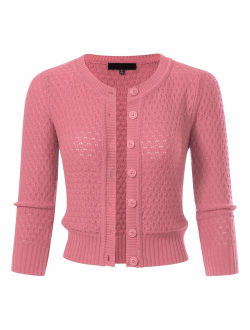 Women's Button Down 3/4 Sleeve Cropped Knit Cardigan Crochet Sweater (S-3XL)