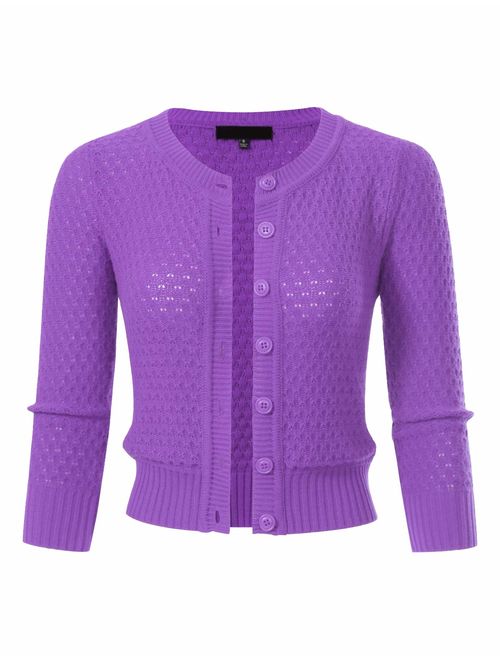 Women's Button Down 3/4 Sleeve Cropped Knit Cardigan Crochet Sweater (S-3XL)