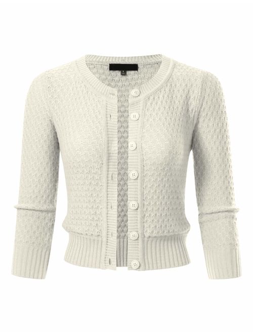 Women's Button Down 3/4 Sleeve Cropped Knit Cardigan Crochet Sweater (S-3XL)