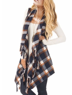 Inorin Womens Sleeveless Plaid Asymmetrical Hem Tassel Drape Open Front Cardigan Vest