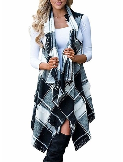 Inorin Womens Sleeveless Plaid Asymmetrical Hem Tassel Drape Open Front Cardigan Vest