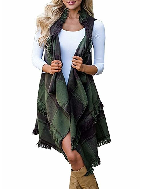 Inorin Womens Sleeveless Plaid Asymmetrical Hem Tassel Drape Open Front Cardigan Vest