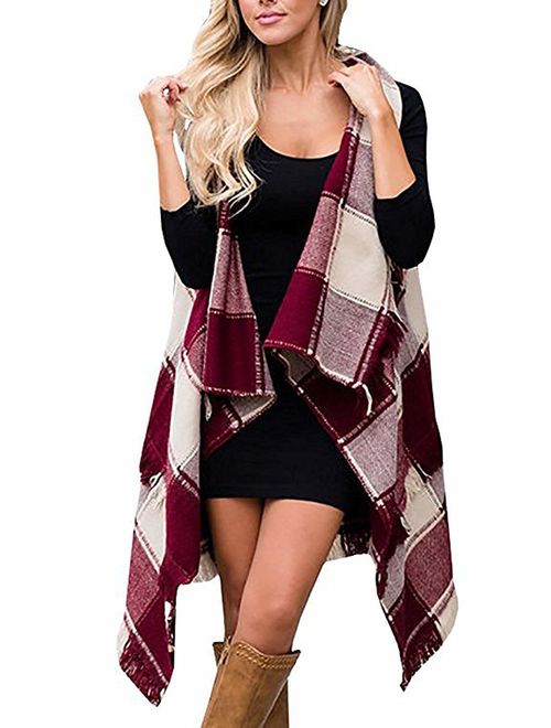 Inorin Womens Sleeveless Plaid Asymmetrical Hem Tassel Drape Open Front Cardigan Vest