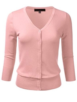 FLORIA Women's Button Down 3/4 Sleeve V-Neck Stretch Knit Cardigan Sweater (S-3X)