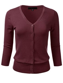 FLORIA Women's Button Down 3/4 Sleeve V-Neck Stretch Knit Cardigan Sweater (S-3X)