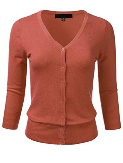 FLORIA Women's Button Down 3/4 Sleeve V-Neck Stretch Knit Cardigan Sweater (S-3X)