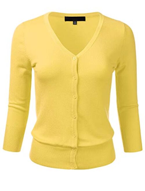 FLORIA Women's Button Down 3/4 Sleeve V-Neck Stretch Knit Cardigan Sweater (S-3X)