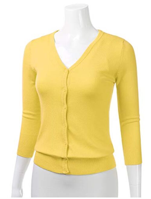 FLORIA Women's Button Down 3/4 Sleeve V-Neck Stretch Knit Cardigan Sweater (S-3X)