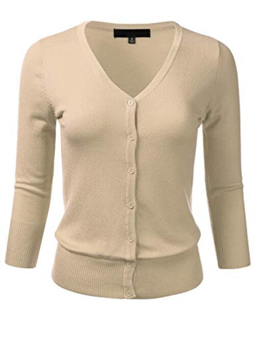 FLORIA Women's Button Down 3/4 Sleeve V-Neck Stretch Knit Cardigan Sweater (S-3X)