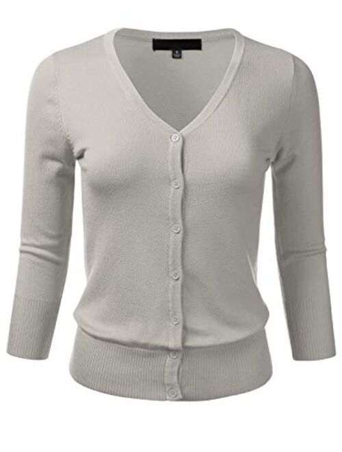 FLORIA Women's Button Down 3/4 Sleeve V-Neck Stretch Knit Cardigan Sweater (S-3X)