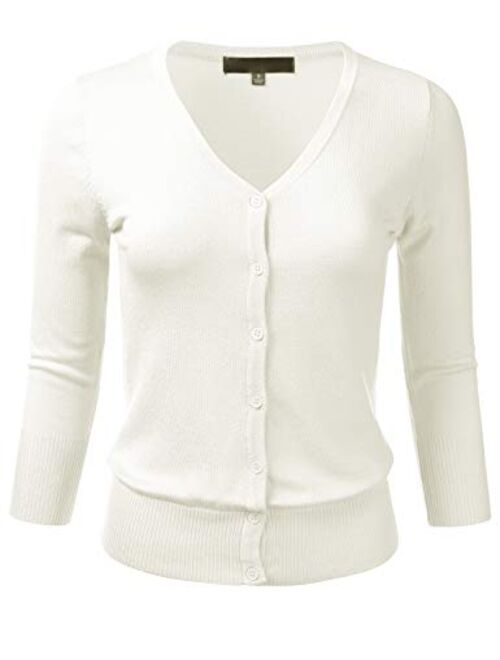 FLORIA Women's Button Down 3/4 Sleeve V-Neck Stretch Knit Cardigan Sweater (S-3X)