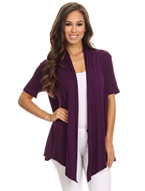 Women's Regular Plus Solid Casual Short Sleeve Loose Fit Open Front Cardigan/Made in USA