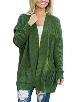 Women's Casual Open Front Cable Knit Cardigan Long Sleeve Sweater Coat with Pocket