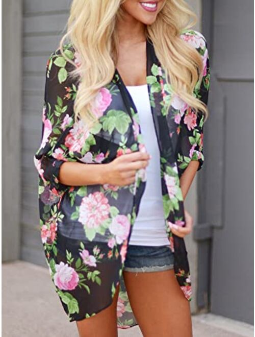 Floral Find Women's Floral Print Shawl Chiffon Kimono Summer Casual Loose Fit Cardigan