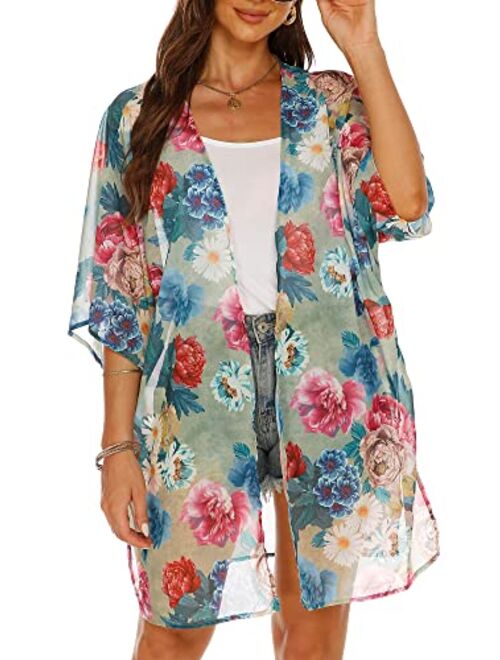 Floral Find Women's Floral Print Shawl Chiffon Kimono Summer Casual Loose Fit Cardigan