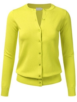 FLORIA Women's Gem Button Crew Neck Long Sleeve Soft Knit Cardigan Sweater (S-3XL)