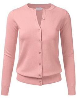 FLORIA Women's Gem Button Crew Neck Long Sleeve Soft Knit Cardigan Sweater (S-3XL)