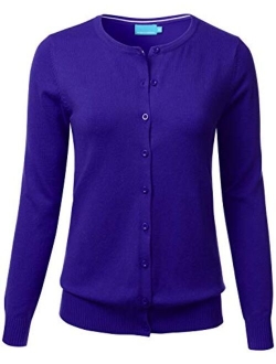 FLORIA Women's Gem Button Crew Neck Long Sleeve Soft Knit Cardigan Sweater (S-3XL)