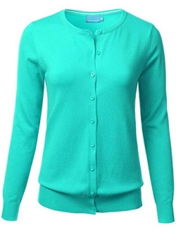 FLORIA Women's Gem Button Crew Neck Long Sleeve Soft Knit Cardigan Sweater (S-3XL)