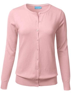 FLORIA Women's Gem Button Crew Neck Long Sleeve Soft Knit Cardigan Sweater (S-3XL)