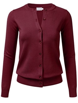 FLORIA Women's Gem Button Crew Neck Long Sleeve Soft Knit Cardigan Sweater (S-3XL)