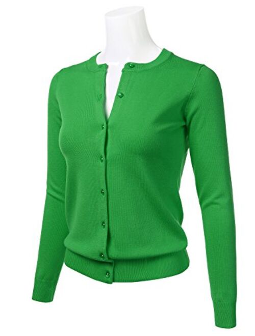 FLORIA Women's Gem Button Crew Neck Long Sleeve Soft Knit Cardigan Sweater (S-3XL)