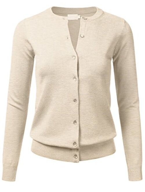 FLORIA Women's Gem Button Crew Neck Long Sleeve Soft Knit Cardigan Sweater (S-3XL)