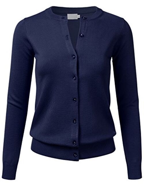 FLORIA Women's Gem Button Crew Neck Long Sleeve Soft Knit Cardigan Sweater (S-3XL)