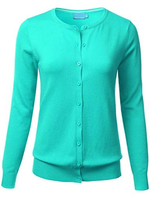 FLORIA Women's Gem Button Crew Neck Long Sleeve Soft Knit Cardigan Sweater (S-3XL)