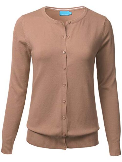 FLORIA Women's Gem Button Crew Neck Long Sleeve Soft Knit Cardigan Sweater (S-3XL)