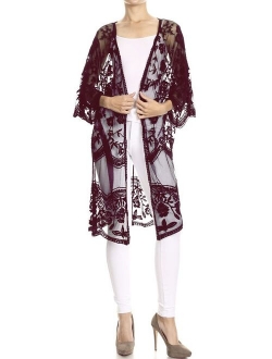 Anna-Kaci Womens Long Embroidered Lace Kimono Cardigan with Half Sleeves