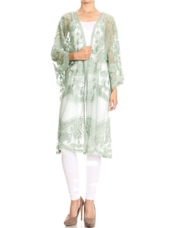 Anna-Kaci Womens Long Embroidered Lace Kimono Cardigan with Half Sleeves