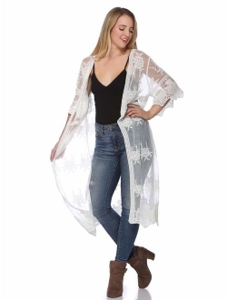 Anna-Kaci Womens Long Embroidered Lace Kimono Cardigan with Half Sleeves