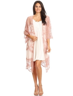 Anna-Kaci Womens Long Embroidered Lace Kimono Cardigan with Half Sleeves