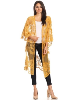 Anna-Kaci Womens Long Embroidered Lace Kimono Cardigan with Half Sleeves