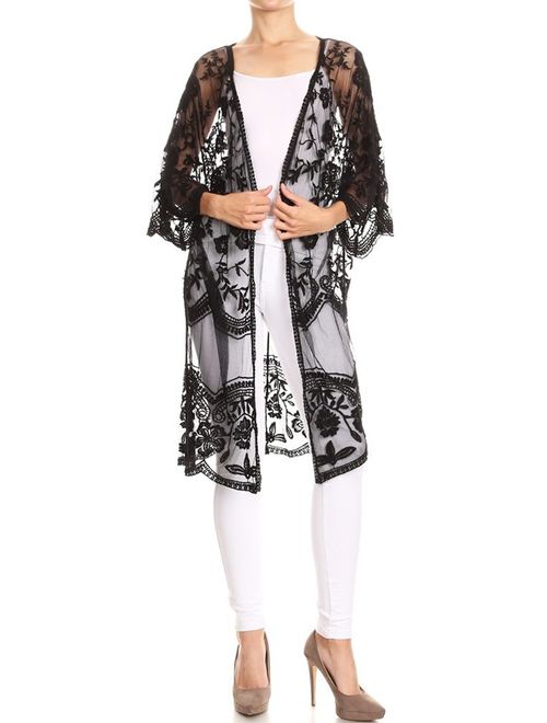 Anna Kaci Anna-Kaci Womens Long Embroidered Lace Kimono Cardigan with Half Sleeves