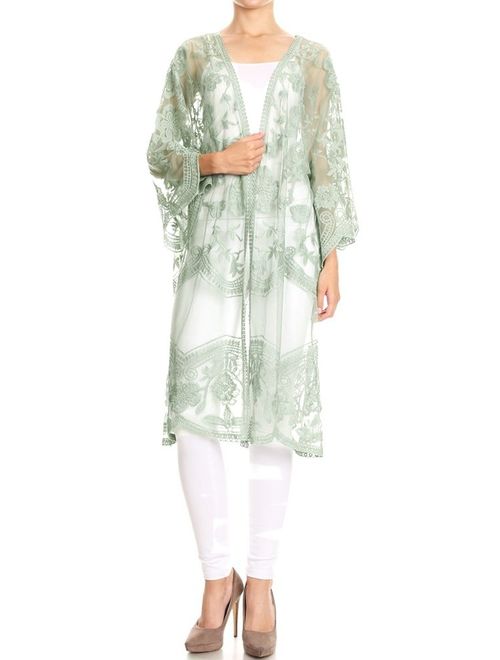 Anna Kaci Anna-Kaci Womens Long Embroidered Lace Kimono Cardigan with Half Sleeves