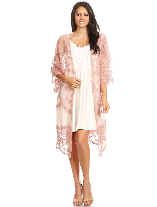 Anna Kaci Anna-Kaci Womens Long Embroidered Lace Kimono Cardigan with Half Sleeves