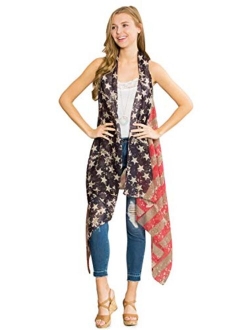 MYS Collection Lightweight Sheer Open Shawl Cardigan - Tassel Floral Robe, Snake, Leopard Animal Print Kimono, American Flag Vest, USA Scarf