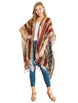 MYS Collection Lightweight Sheer Open Shawl Cardigan - Tassel Floral Robe, Snake, Leopard Animal Print Kimono, American Flag Vest, USA Scarf