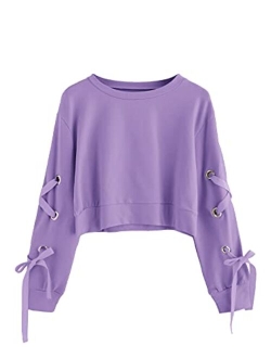 Women's Casual Lace Up Long Sleeve Pullover Crop Top Sweatshirt