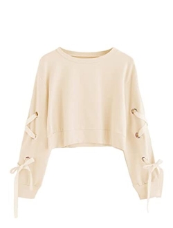 Women's Casual Lace Up Long Sleeve Pullover Crop Top Sweatshirt