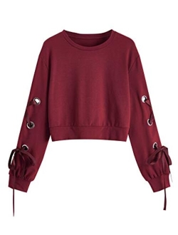 Women's Casual Lace Up Long Sleeve Pullover Crop Top Sweatshirt