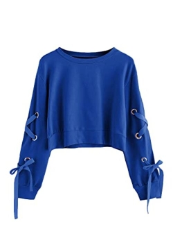 Women's Casual Lace Up Long Sleeve Pullover Crop Top Sweatshirt