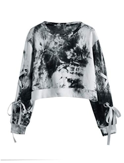 Women's Casual Lace Up Long Sleeve Pullover Crop Top Sweatshirt